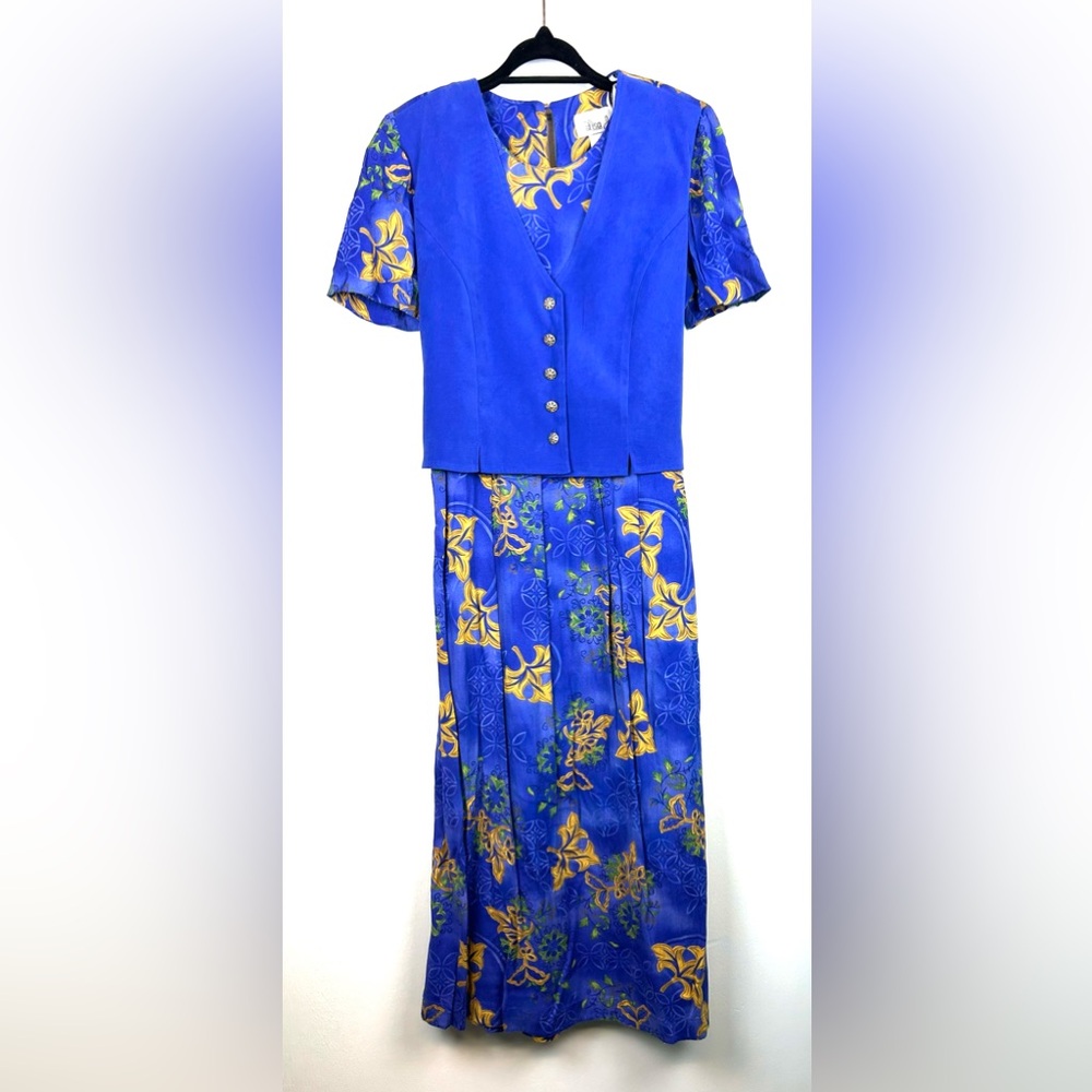 Vintage Lisa Jo Faux Vest Dress 10 Royal Blue Floral‎ 80s 90s Modest Church Midi